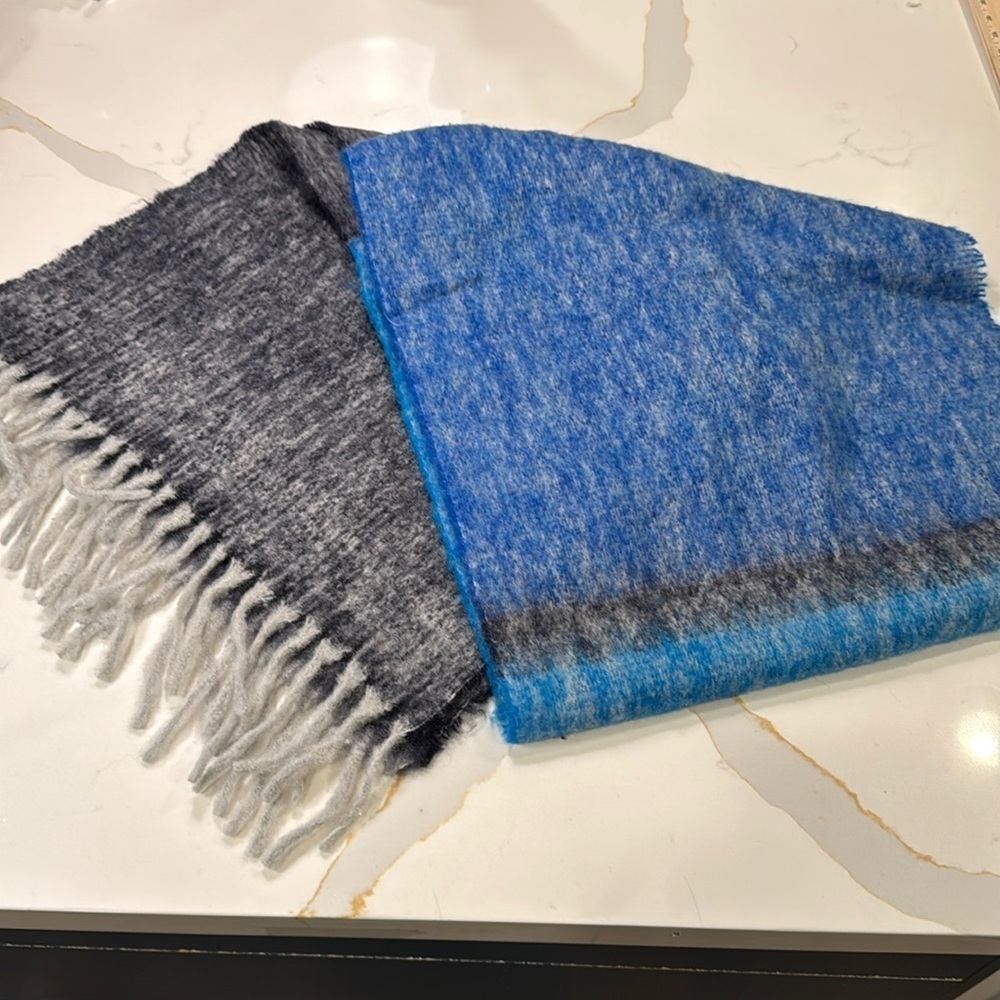 J. Crew Striped Gray, Blue and Black Italian Textured Wool Blend Fringe Scarf
